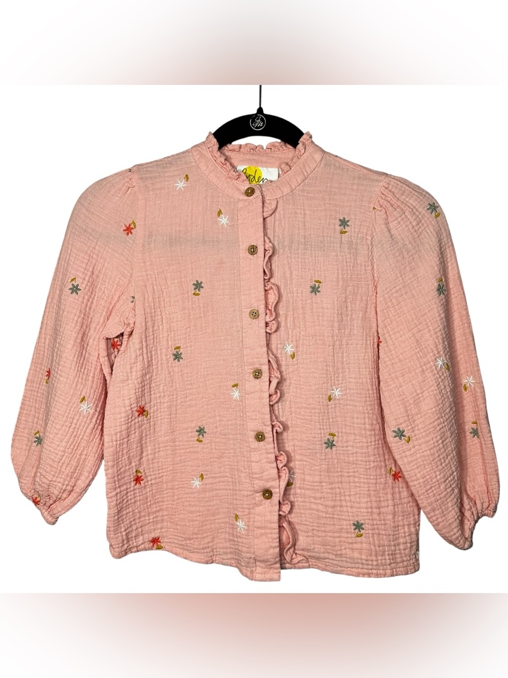 Boden Girls Pink Embroidered Gauze Ruffle Button Front Top Size 7-8Y
